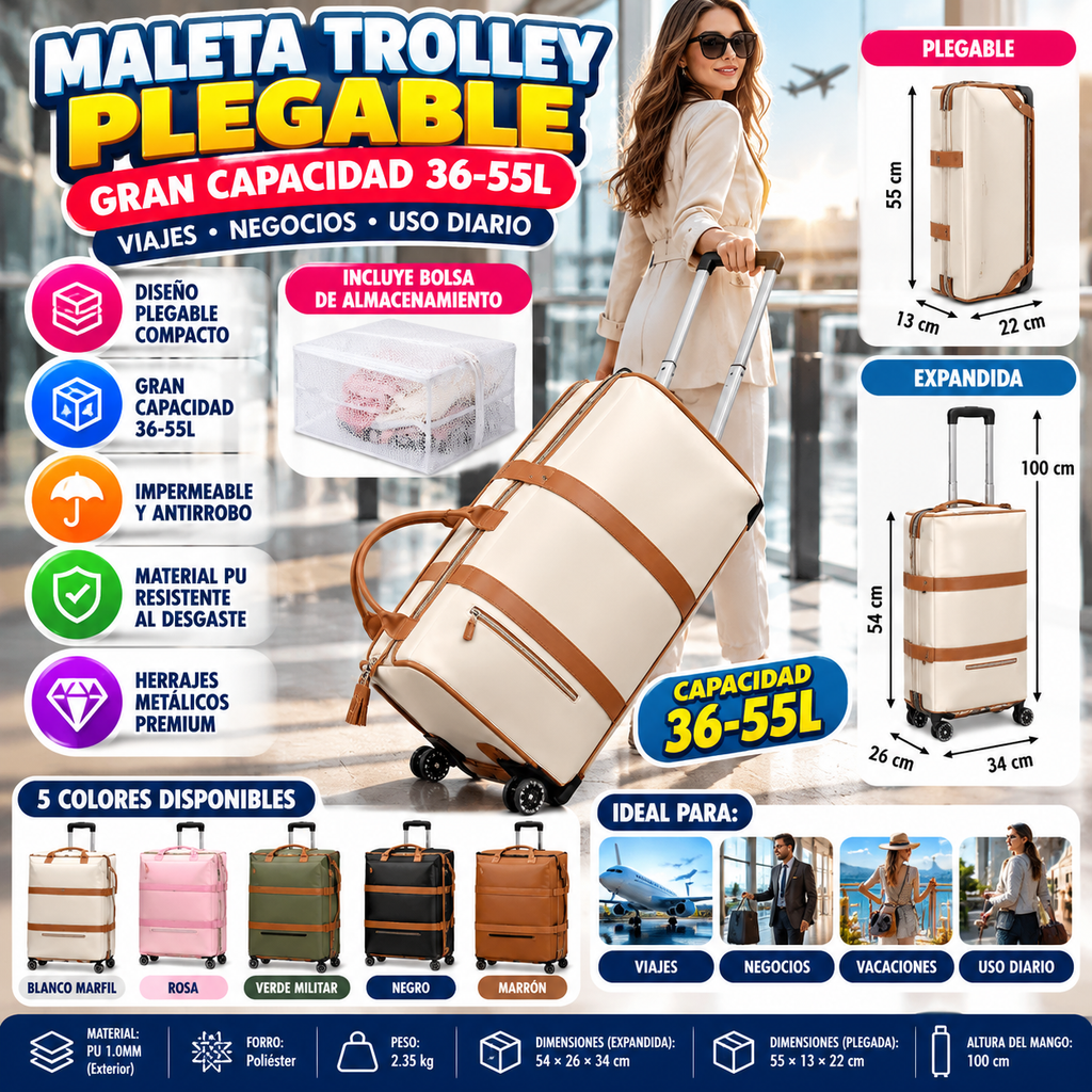 Maleta Trolley Plegable de Viaje – PU 36-55L, Impermeable, Antirrobo, 5 Colores