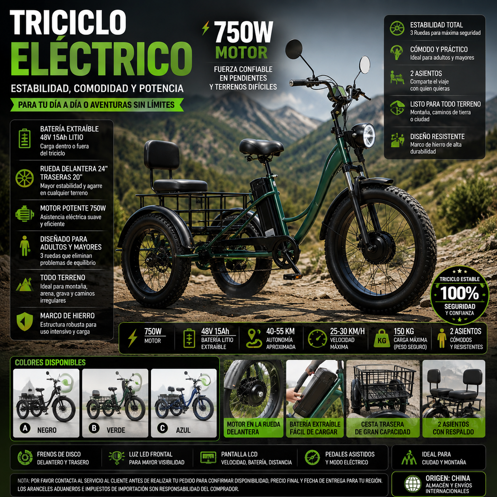 Triciclo Eléctrico 750W | 3 Ruedas | 48V 15Ah Extraíble | 2 Asientos | Todo Terreno | Adultos y Mayores | E-Tricycle