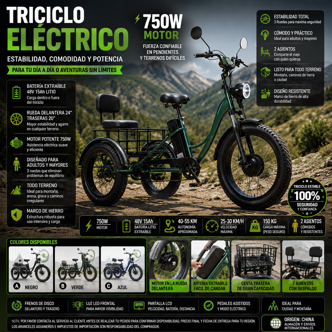 Triciclo Eléctrico 750W | 3 Ruedas | 48V 15Ah Extraíble | 2 Asientos | Todo Terreno | Adultos y Mayores | E-Tricycle