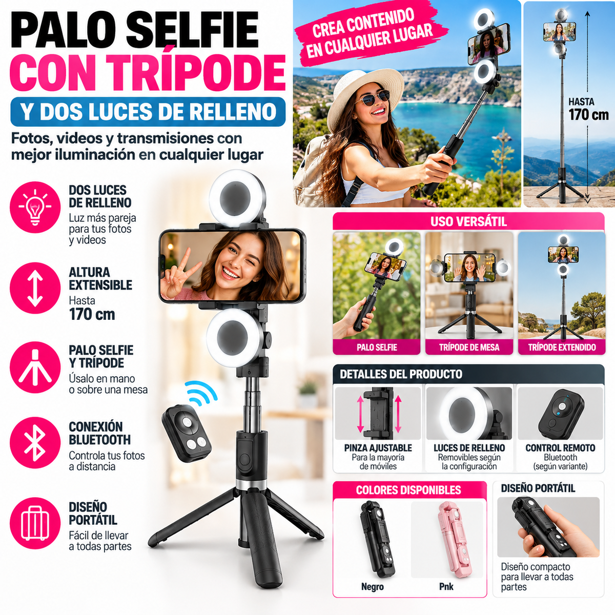 Rondaful Selfie Stick Tripod | Dual Fill Lights, Up to 170 cm | Trípode para Móvil