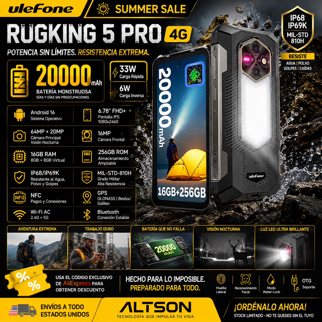 Ulefone RugKing 5 Pro | Rugged Phone 4G 20000mAh 64MP Android 16 | IP68 NFC 33W