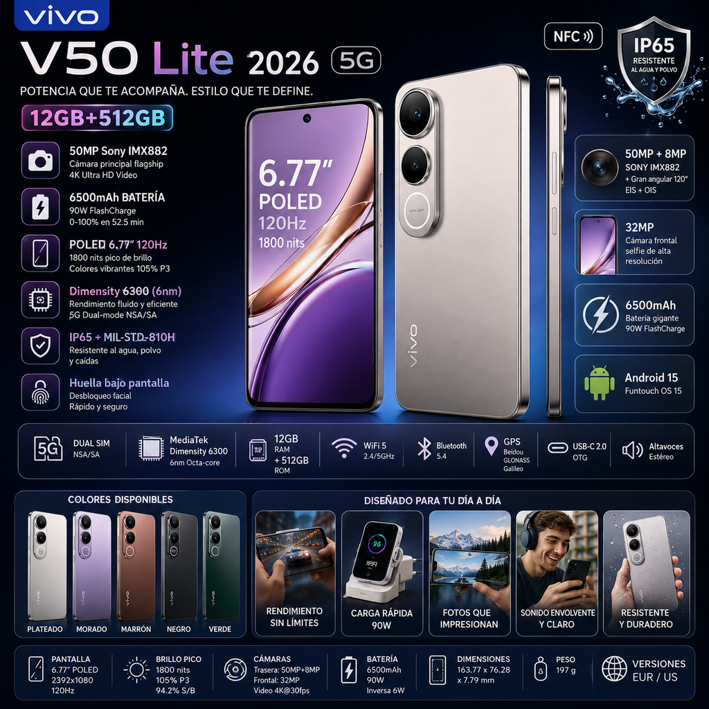 VIVO V50 Lite 2026 | 5G | 12GB+512GB | POLED 6.77" 120Hz | 50MP Sony IMX882 | 6500mAh 90W | IP65 | Android 15 | Dual SIM