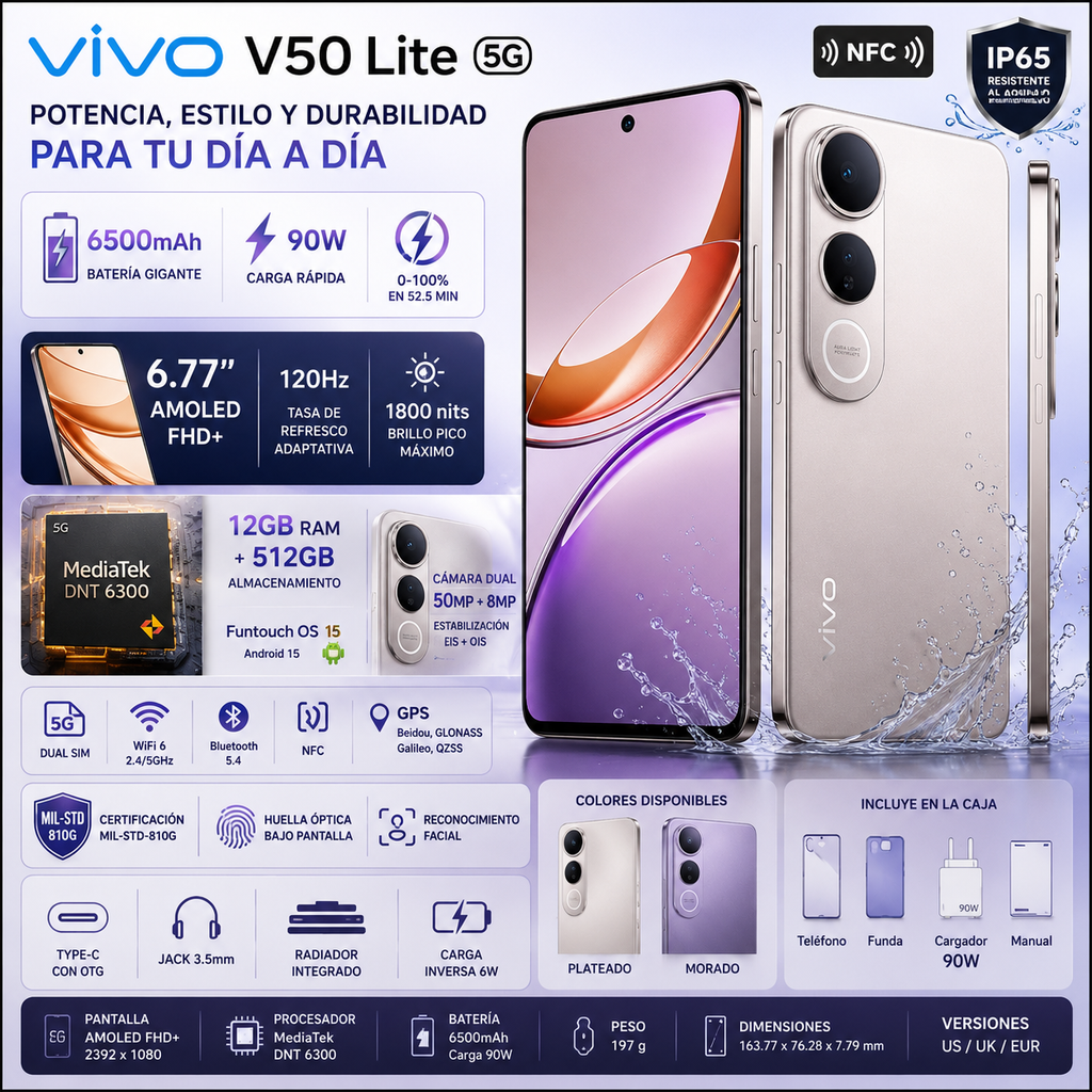 VIVO V50 Lite 5G | 12GB+512GB | 6500mAh 90W | AMOLED 6.77" 120Hz | 50MP | NFC | IP65 | Android 15 | Dual SIM | US/UK/EUR
