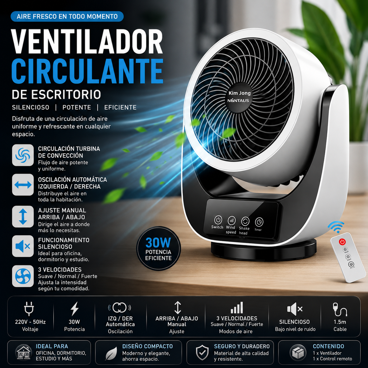 Ventilador de Escritorio Circulante | Silencioso | Oscilante | 3 Velocidades