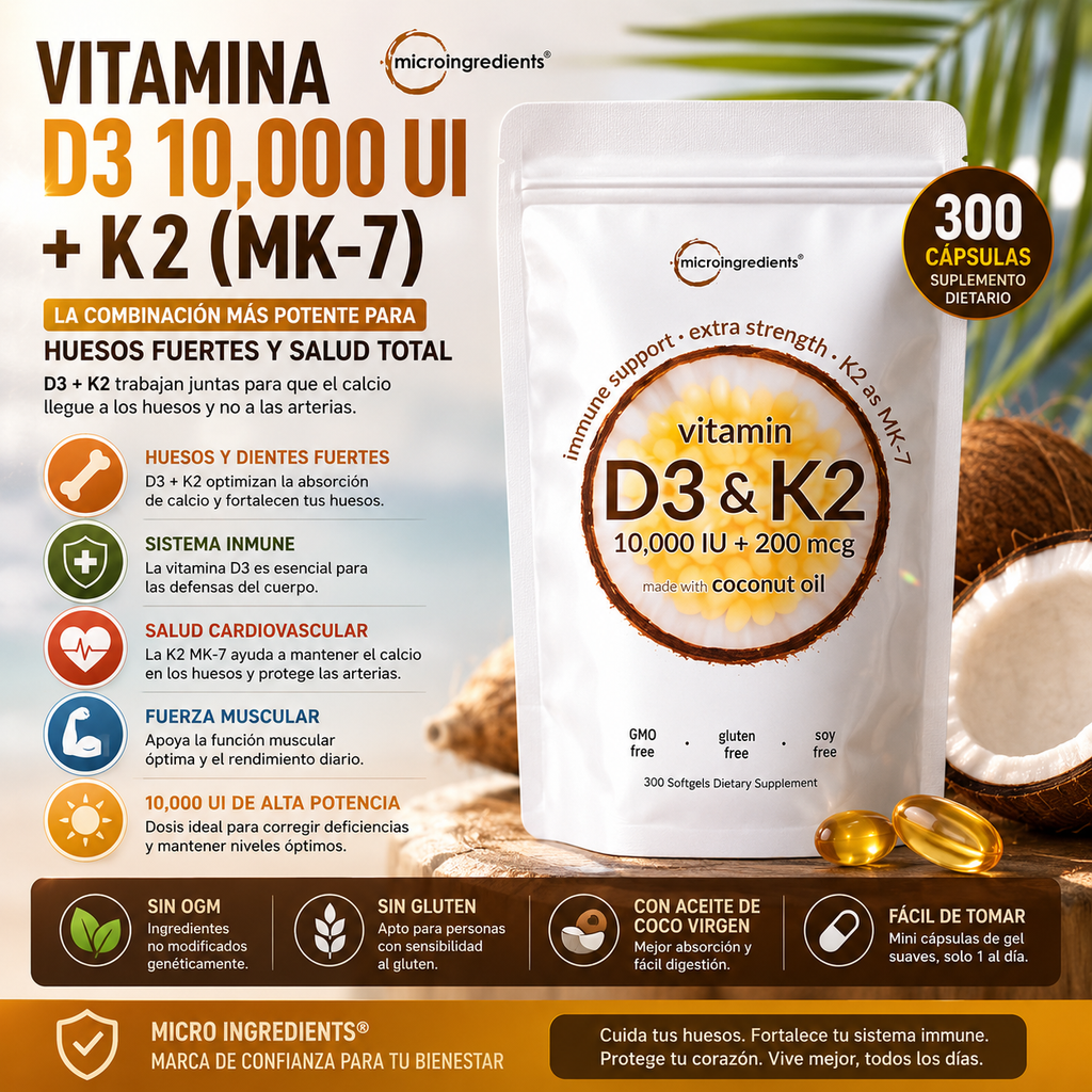 Vitamina D3 10,000 UI + K2 MK-7 200 mcg | Micro Ingredients | Vitamin D3 10,000 IU + K2 MK-7