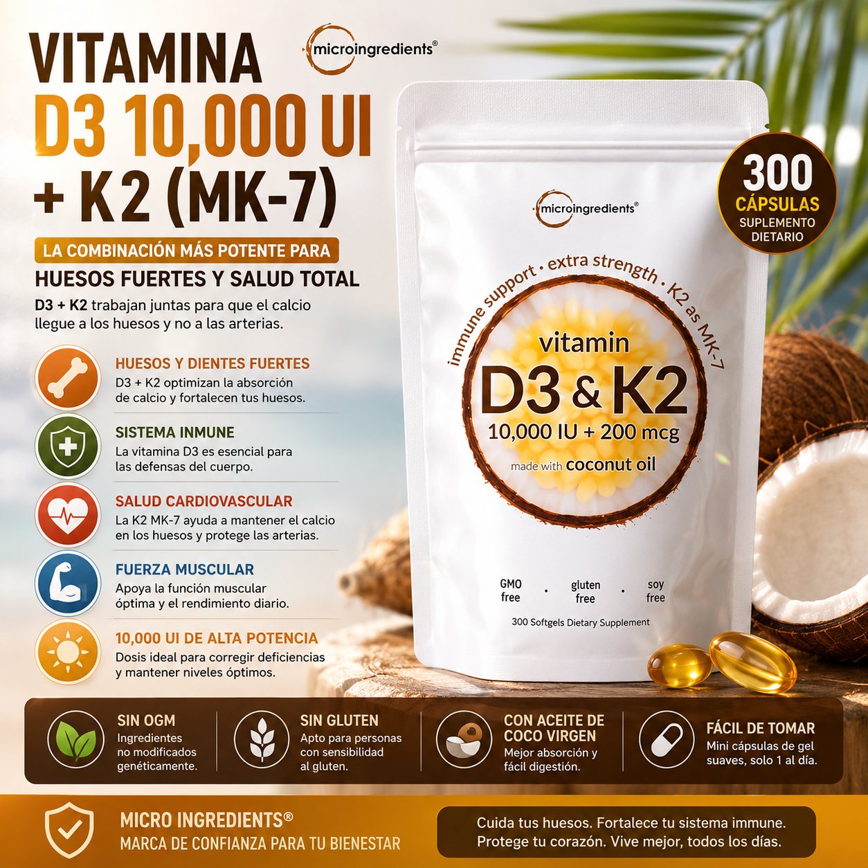 Vitamina D3 10,000 UI + K2 MK-7 200 mcg | Micro Ingredients | Vitamin D3 10,000 IU + K2 MK-7