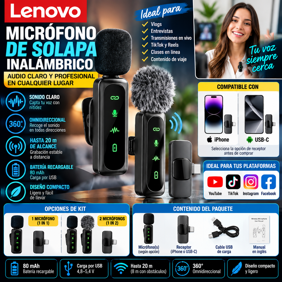 Wireless Lavalier Microphone | Rechargeable Clip-On Mic | iPhone & USB-C