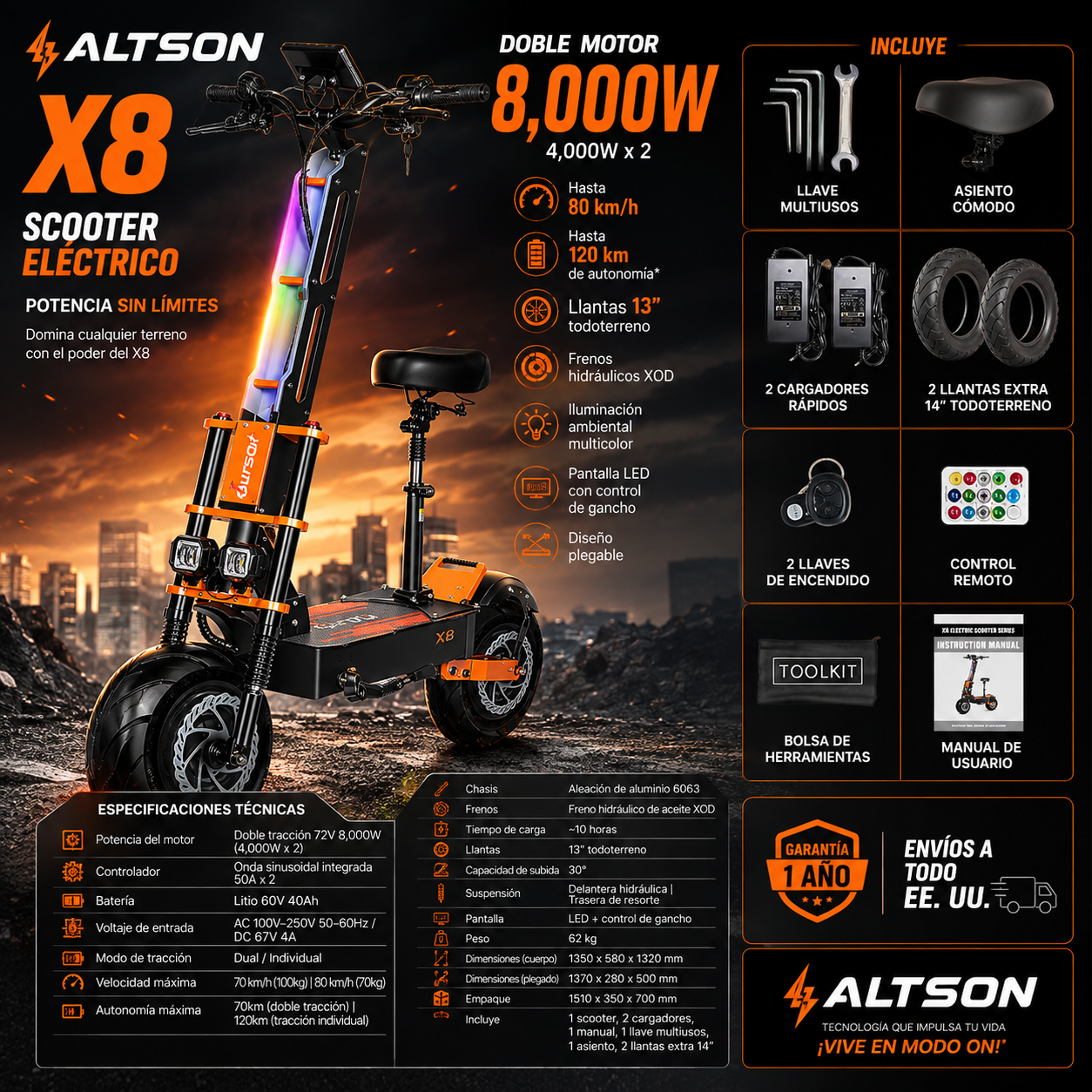 X8 Electric Scooter 8000W Dual Motor | 13" Off-Road | 70 km/h | ALTSON