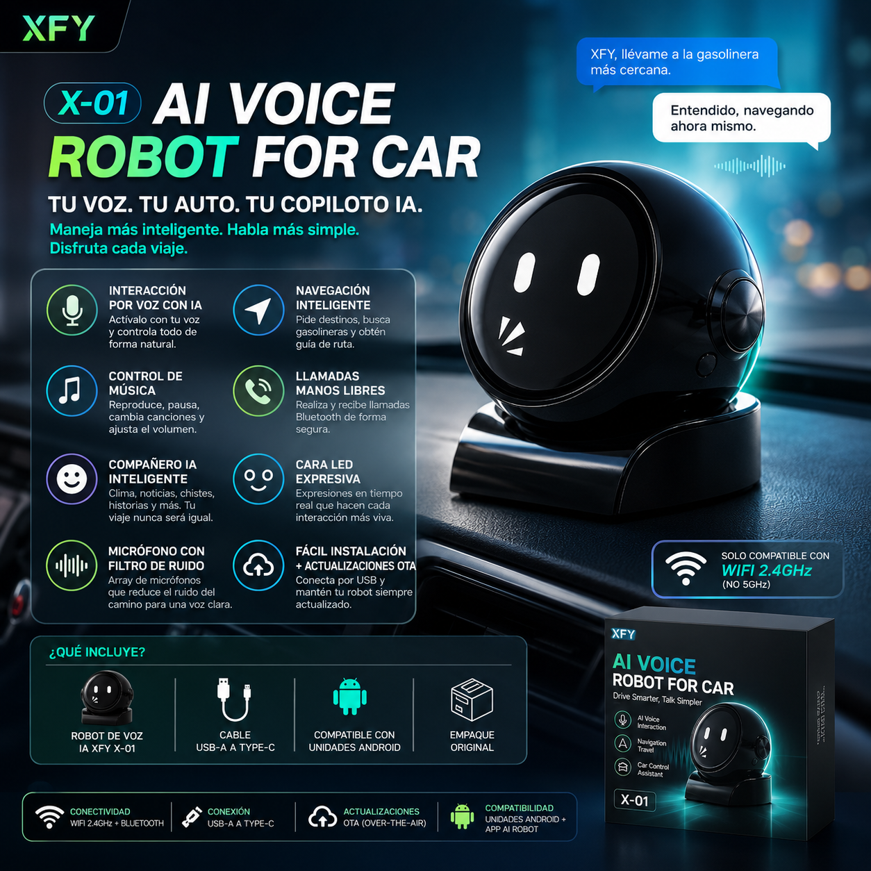 XFY X-01 AI Voice Robot for Car — Smart Assistant | Hands-Free Navigation, Music & Calls