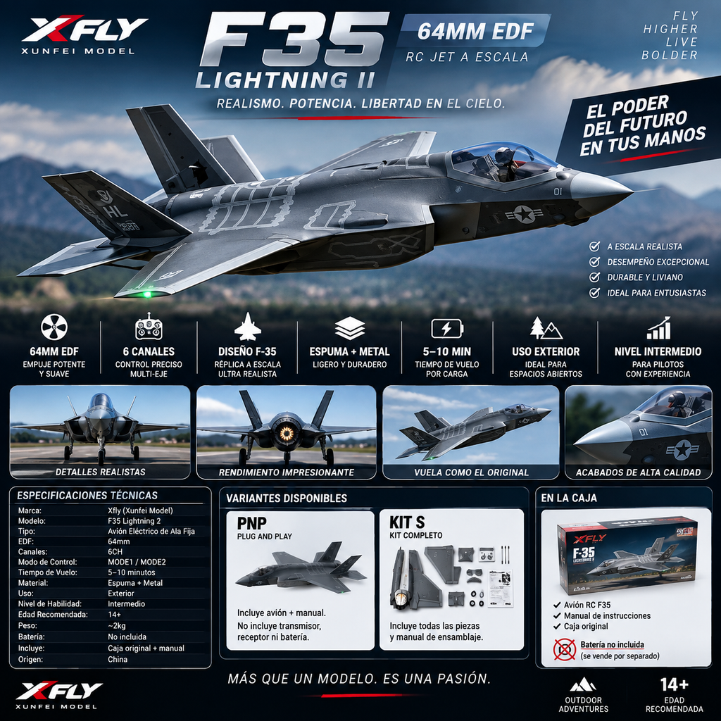 Xfly F35 Lightning 2 EDF RC Fixed Wing Aircraft | 64mm | 6CH | PNP & KIT | Scale Model Jet