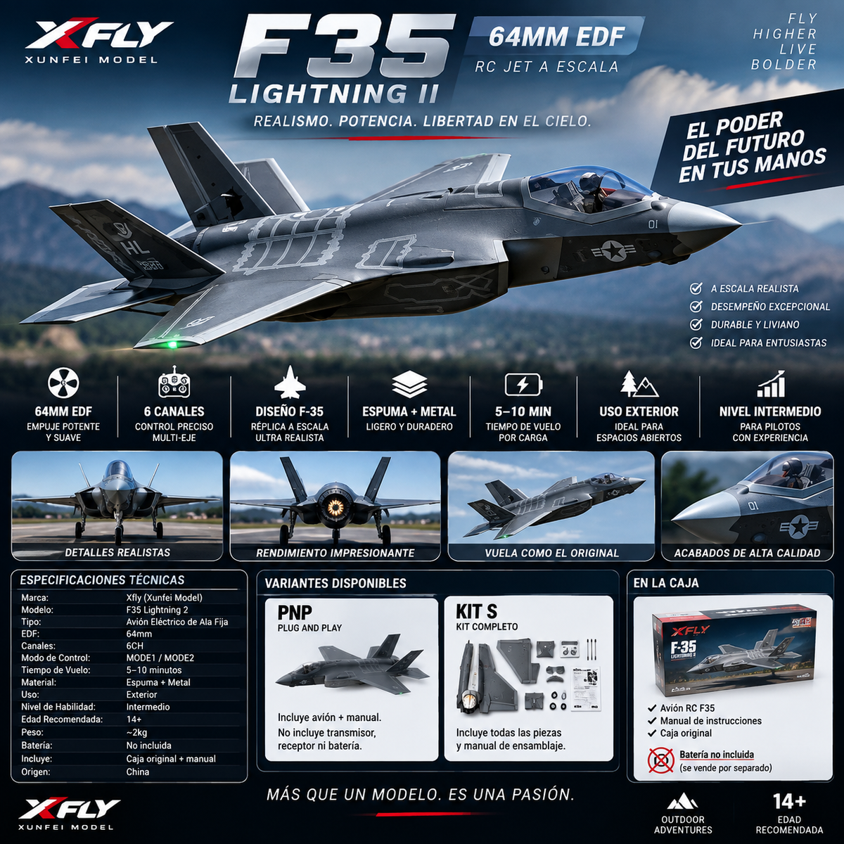 Xfly F35 Lightning 2 EDF RC Fixed Wing Aircraft | 64mm | 6CH | PNP & KIT | Scale Model Jet