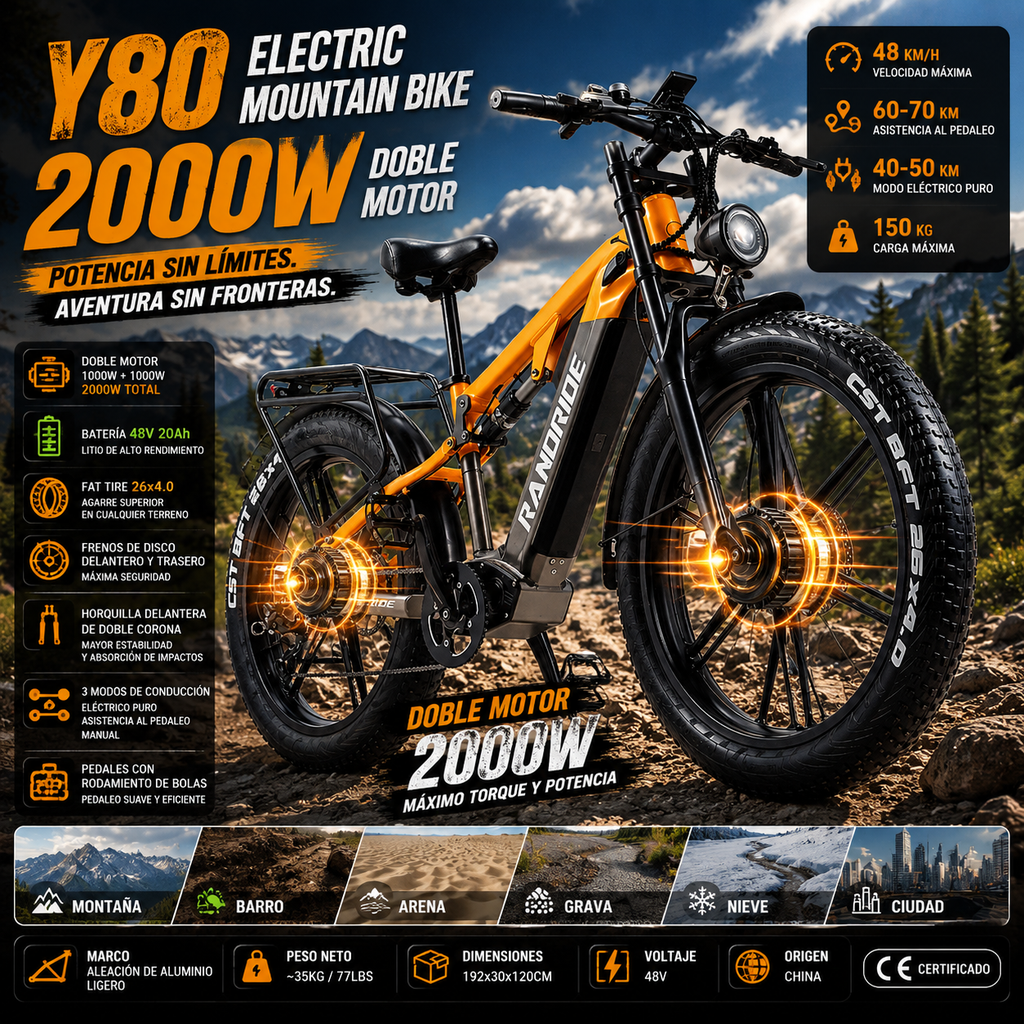 Y80 Bicicleta Eléctrica de Montaña | Doble Motor 2000W | 48V 20Ah | Fat Tire 26x4.0 | 48km/h | Frenos Disco | E-MTB
