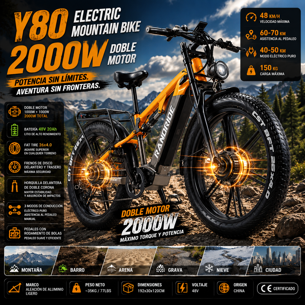 Y80 Bicicleta Eléctrica de Montaña | Doble Motor 2000W | 48V 20Ah | Fat Tire 26x4.0 | 48km/h | Frenos Disco | E-MTB