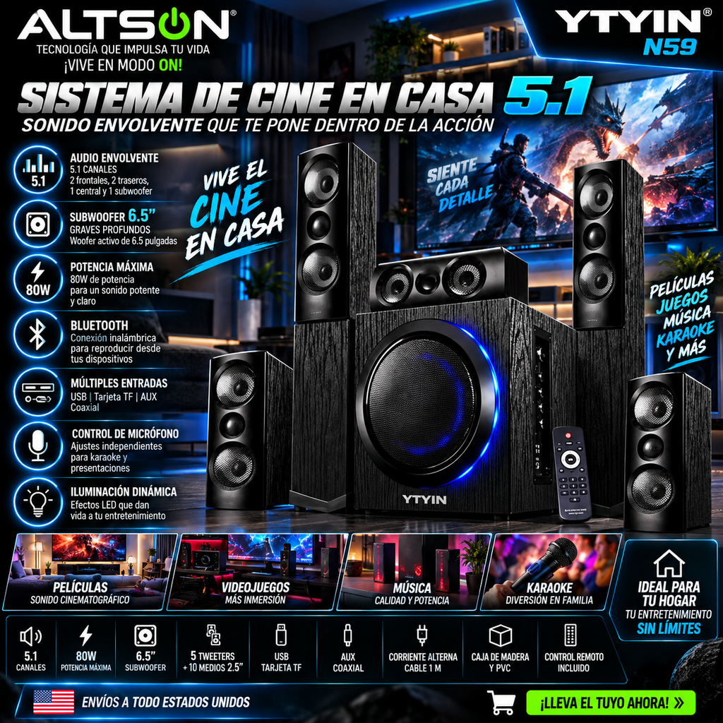 YTYIN N59 5.1 Home Theater System | 80W Subwoofer | Cine