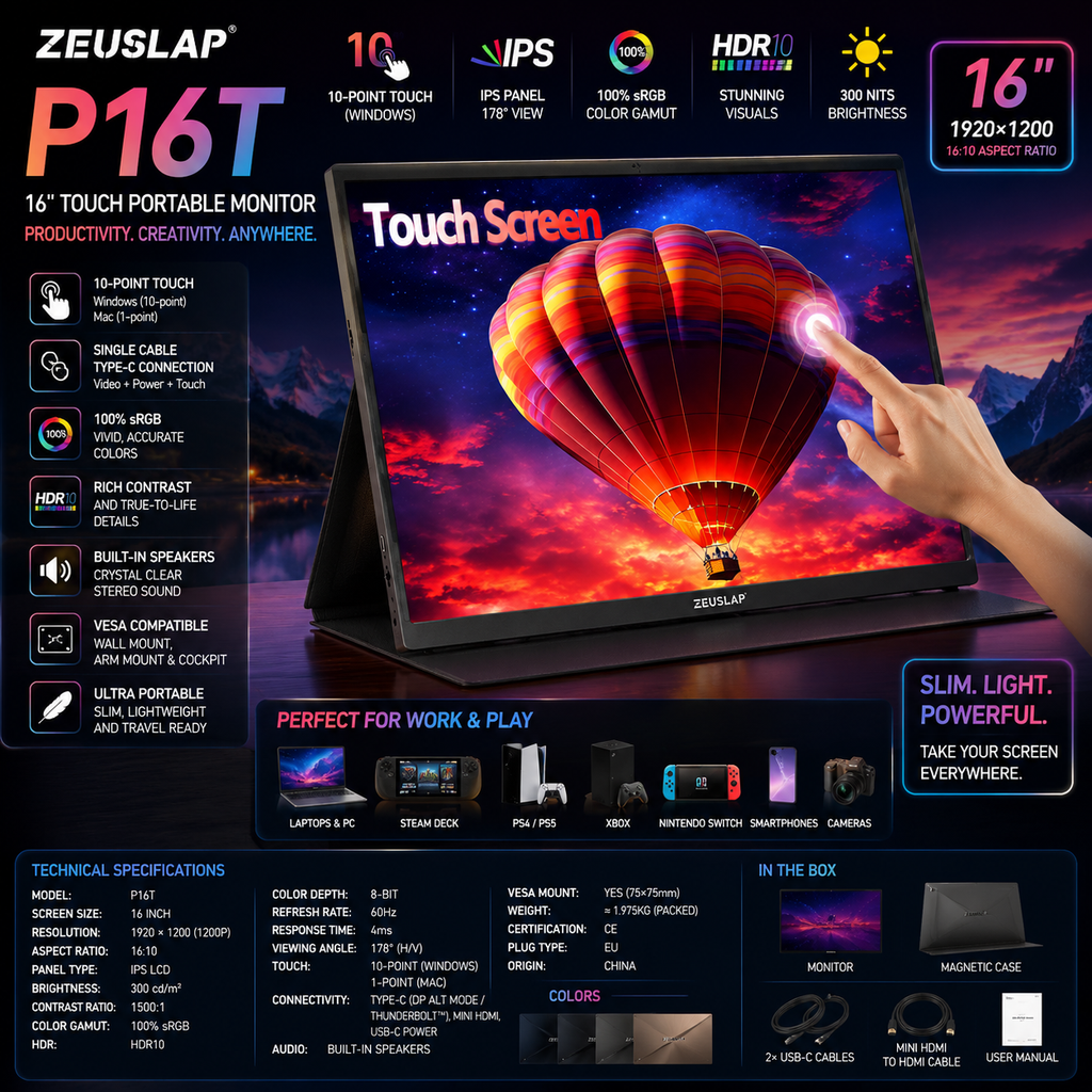 ZEUSLAP P16T | Monitor Portátil Táctil 16" 1200P IPS | 100% sRGB, HDR10, Type-C, VESA