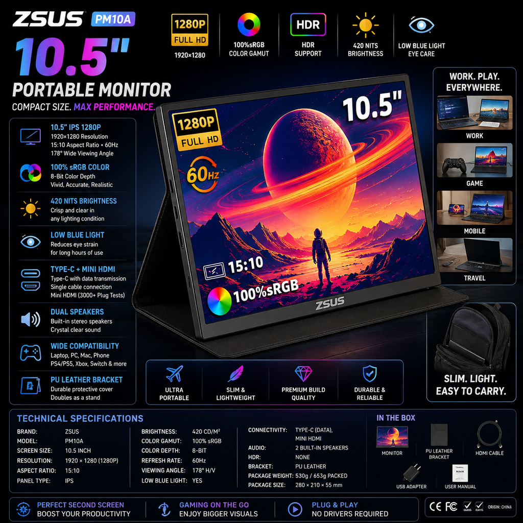 ZSUS PM10A | Monitor Portátil 10.5" 1280P IPS | 100% sRGB, 420 nits, Low Blue Light, Type-C