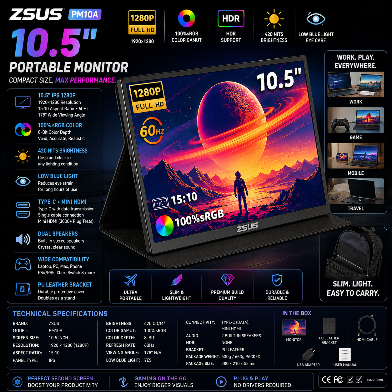 ZSUS PM10A | Monitor Portátil 10.5" 1280P IPS | 100% sRGB, 420 nits, Low Blue Light, Type-C