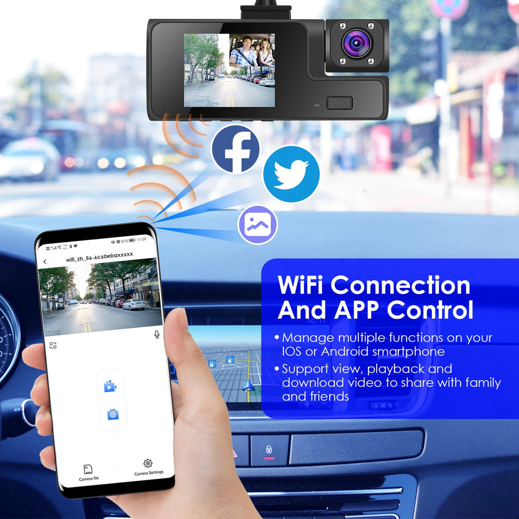 Cámara de Auto 3 Canales ALTSON — FHD 1080P WiFi con Tarjeta 64GB Incluida