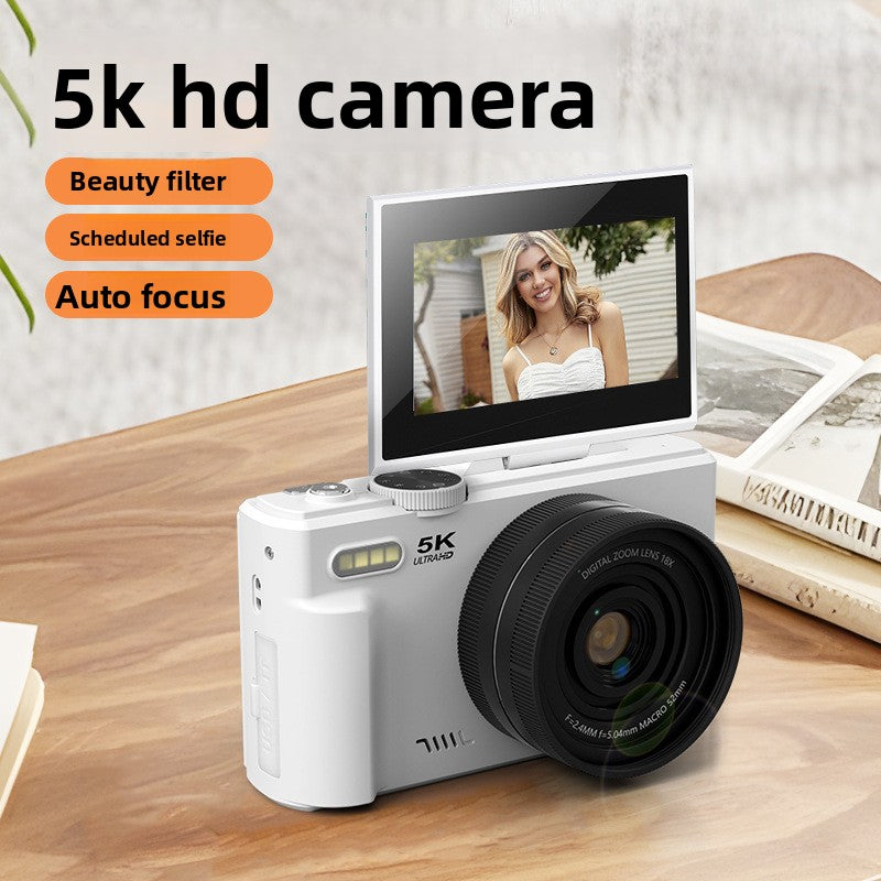 Cámara Digital 5K HD con Pantalla Abatible y WiFi – Filtro Belleza, Estabilización, Vlogging