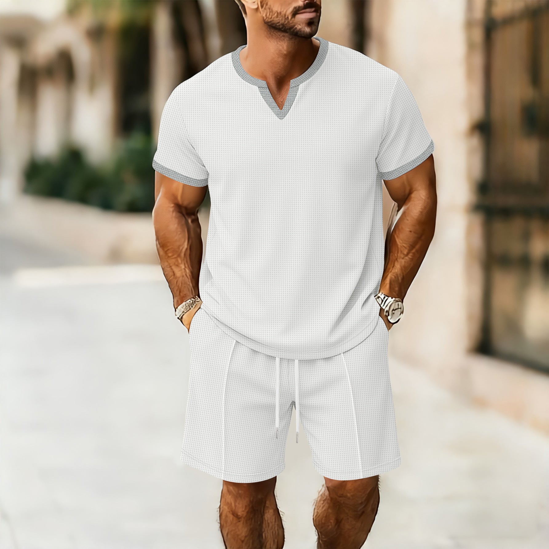 Conjunto Deportivo Hombre Camiseta Cuello V + Shorts Textura Waffle – S a XXXL