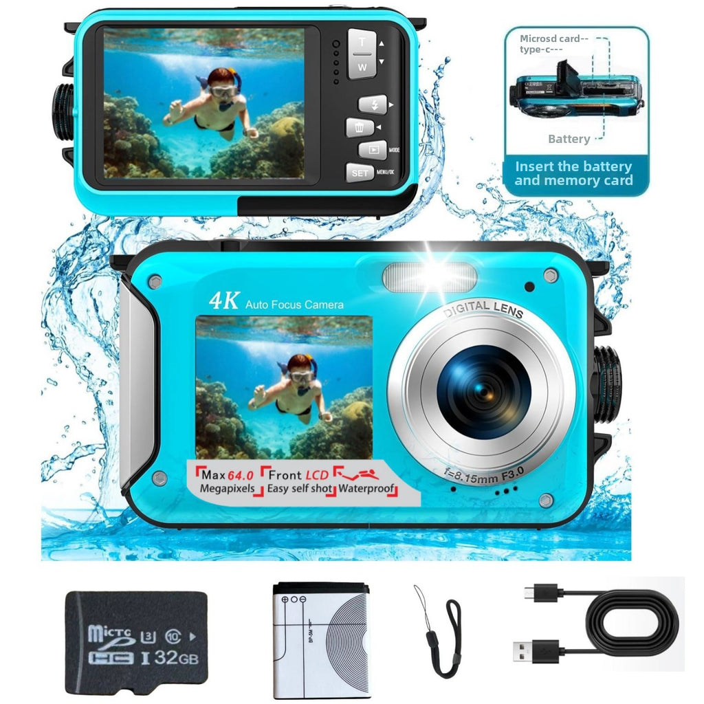 Cámara Digital 4K Dual Screen Resistente al Agua – 64MP, Autofocus, Zoom 16x, Hasta 128GB