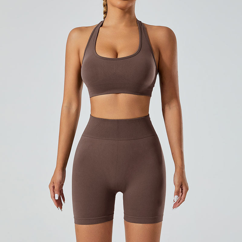 Set Deportivo Yoga Mujer Sin Costuras 90% Nylon 10% Spandex Sports Bra + Shorts V-Neck Halter Moisture-Wicking 12 Colores S-L | Women Seamless Yoga Sports Set