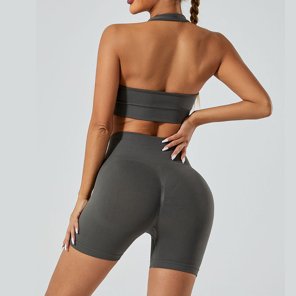 Set Deportivo Yoga Mujer Sin Costuras 90% Nylon 10% Spandex Sports Bra + Shorts V-Neck Halter Moisture-Wicking 12 Colores S-L | Women Seamless Yoga Sports Set