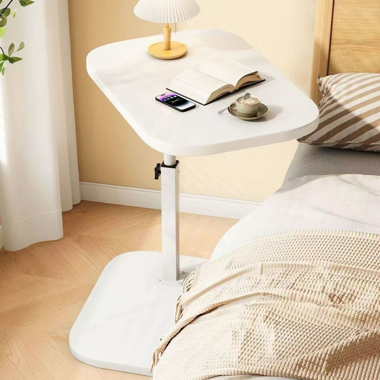 Mesa Auxiliar de Sofá | Madera Sólida | Altura Ajustable 45-80cm | Con Ruedas