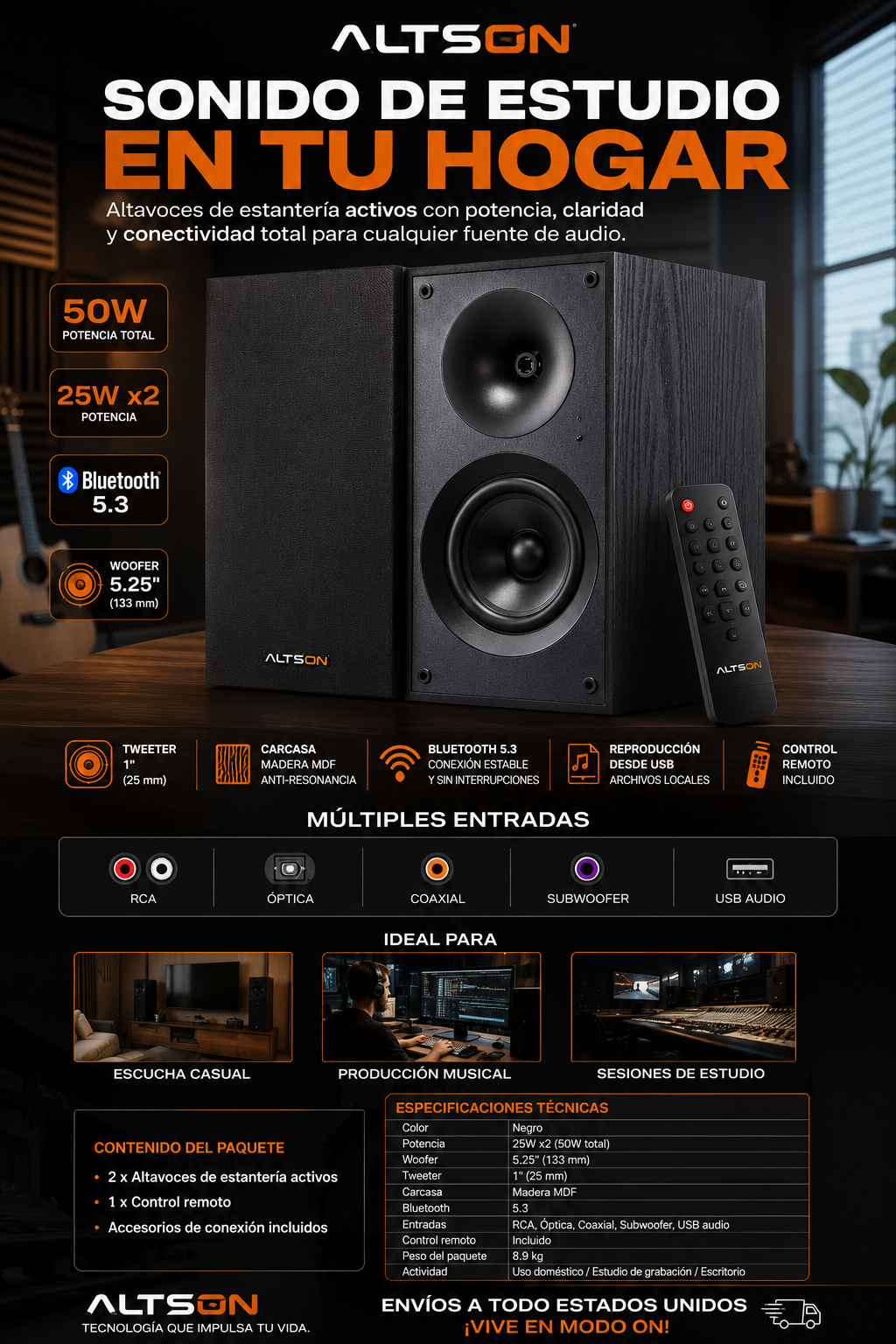Altavoces de Estantería Activos 25W x2 con Bluetooth 5.3, Woofer 5.25" y Múltiples Entradas