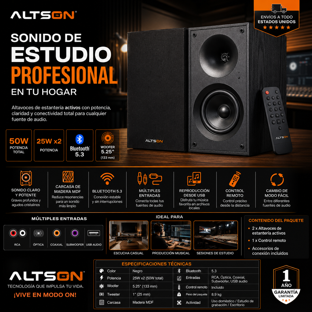 Altavoces de Estantería Activos 25W x2 con Bluetooth 5.3, Woofer 5.25" y Múltiples Entradas