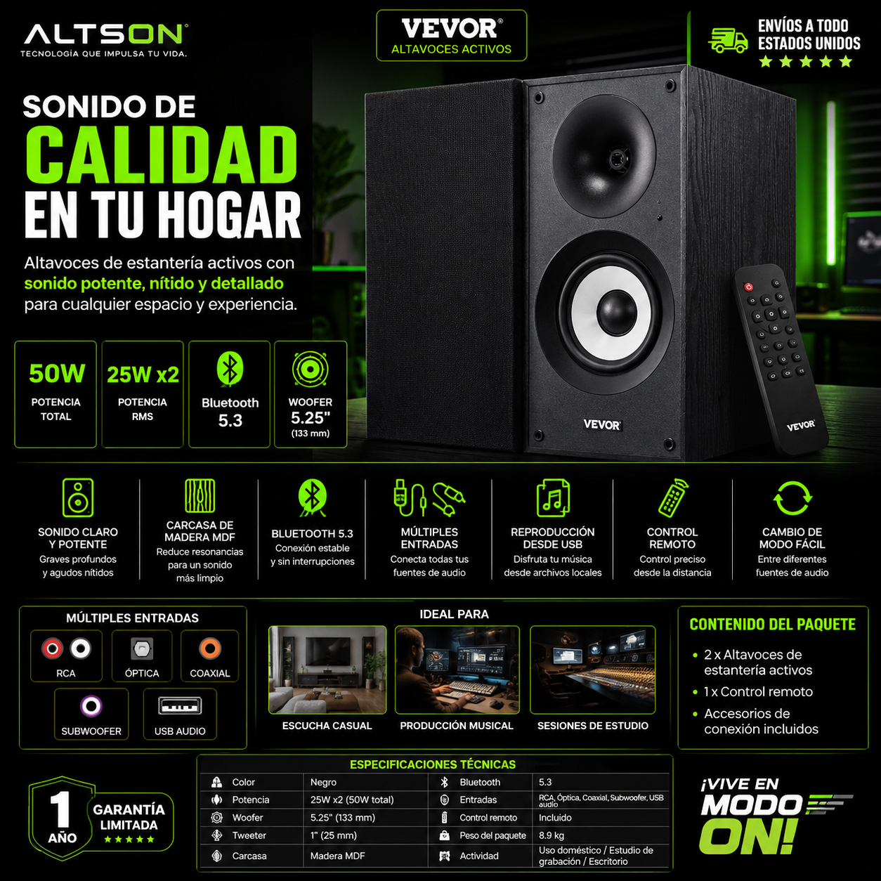Altavoces de Estantería Activos 25W x2 con Bluetooth 5.3, Woofer 5.5" y Múltiples Entradas