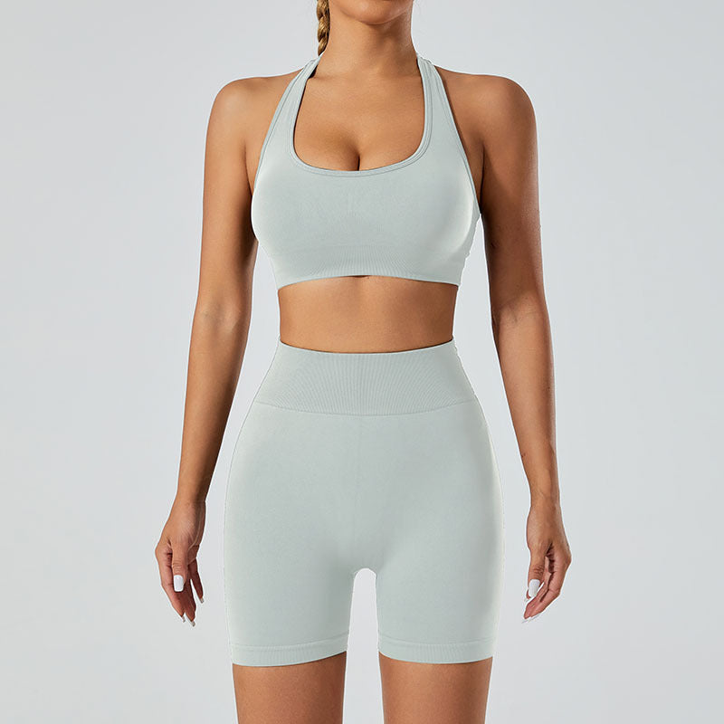 Set Deportivo Yoga Mujer Sin Costuras 90% Nylon 10% Spandex Sports Bra + Shorts V-Neck Halter Moisture-Wicking 12 Colores S-L | Women Seamless Yoga Sports Set