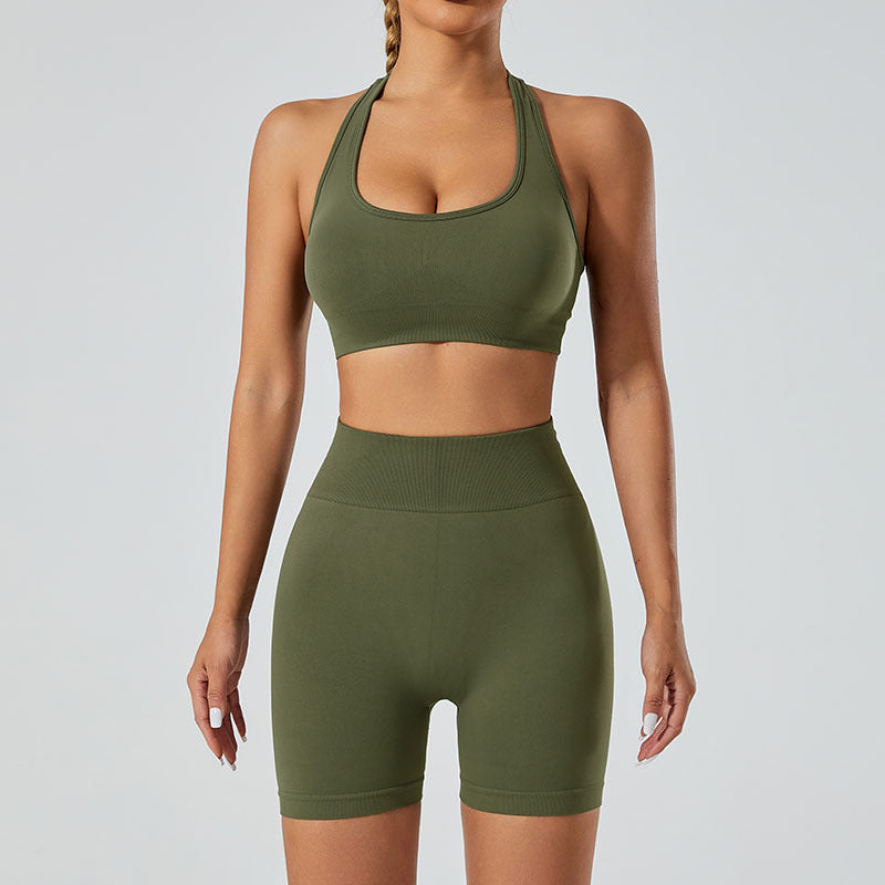 Set Deportivo Yoga Mujer Sin Costuras 90% Nylon 10% Spandex Sports Bra + Shorts V-Neck Halter Moisture-Wicking 12 Colores S-L | Women Seamless Yoga Sports Set