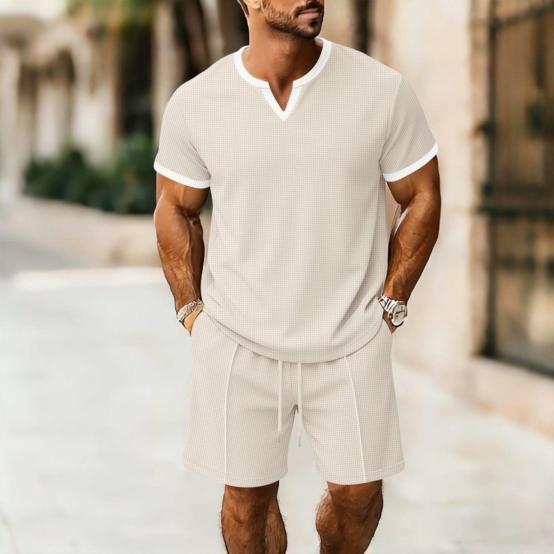 Conjunto Deportivo Hombre Camiseta Cuello V + Shorts Textura Waffle – S a XXXL