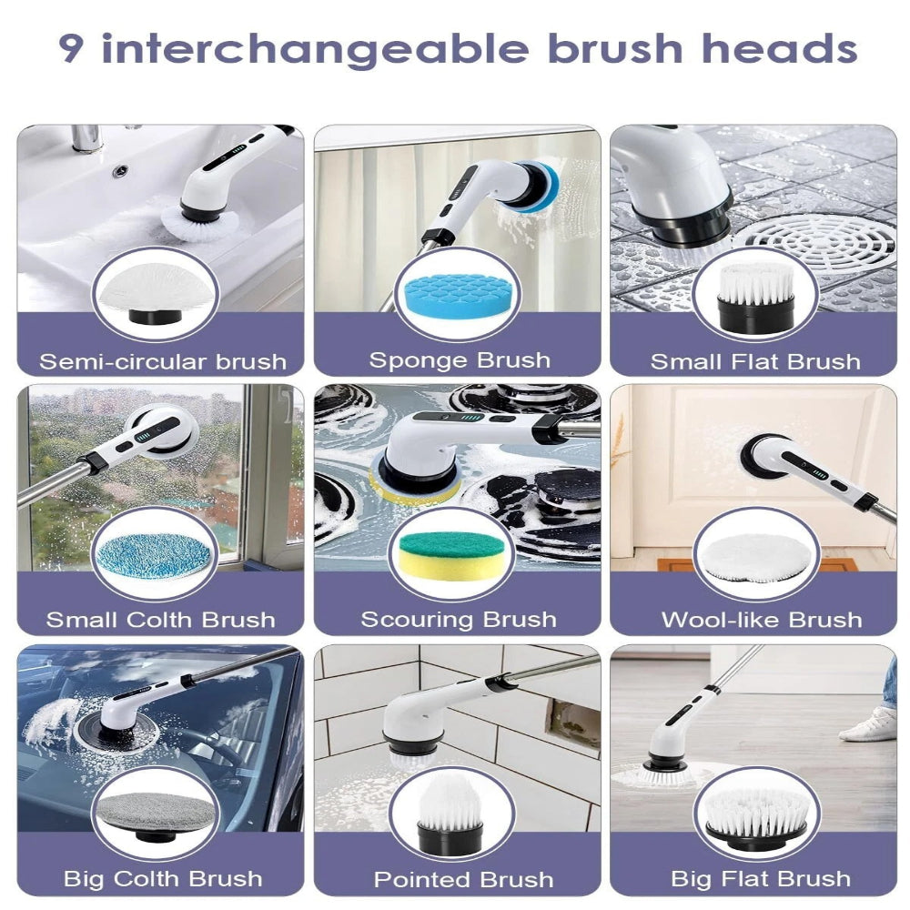ALTSON Electric Spin Scrubber — 9 Replaceable Brush Heads, Extendable Rod & 90-Min Battery