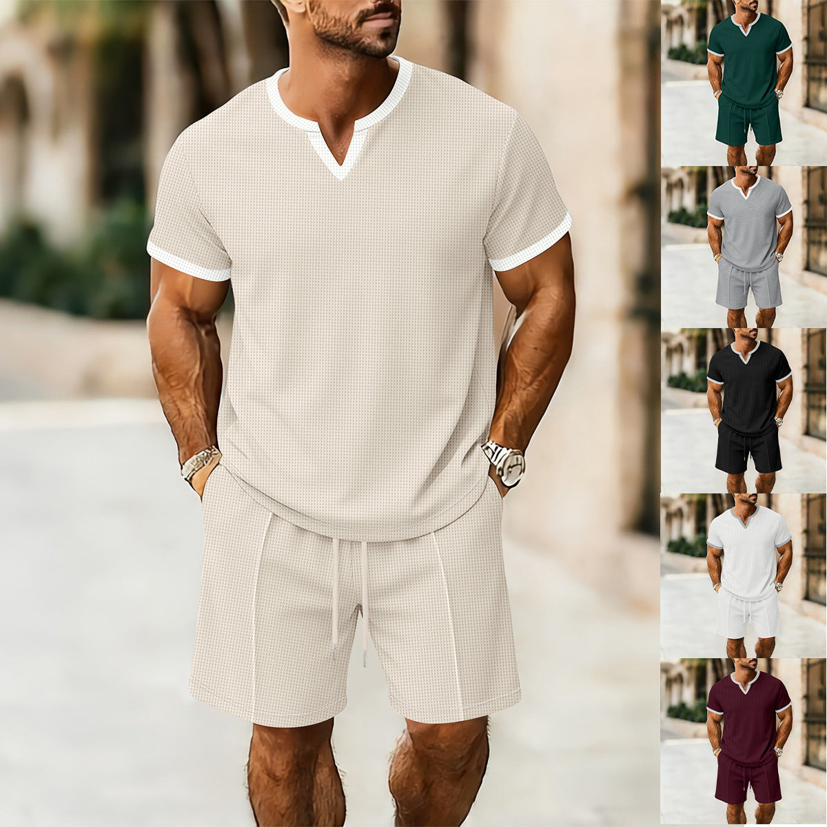 Conjunto Deportivo Hombre Camiseta Cuello V + Shorts Textura Waffle – S a XXXL