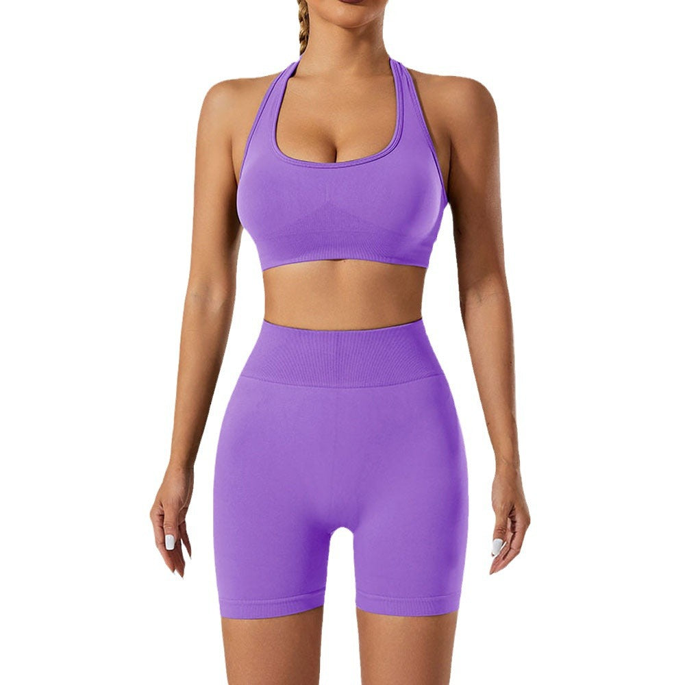 Set Deportivo Yoga Mujer Sin Costuras 90% Nylon 10% Spandex Sports Bra + Shorts V-Neck Halter Moisture-Wicking 12 Colores S-L | Women Seamless Yoga Sports Set