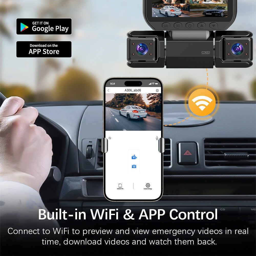 Dashcam para Vehículo con Múltiples Lentes y WiFi – 1080P, Visión Nocturna, Grabación en Bucle