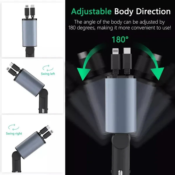 Cargador Rápido Retráctil para Auto 4 en 1 – 60W con Cables Tipo C, iOS, USB-C y USB-A