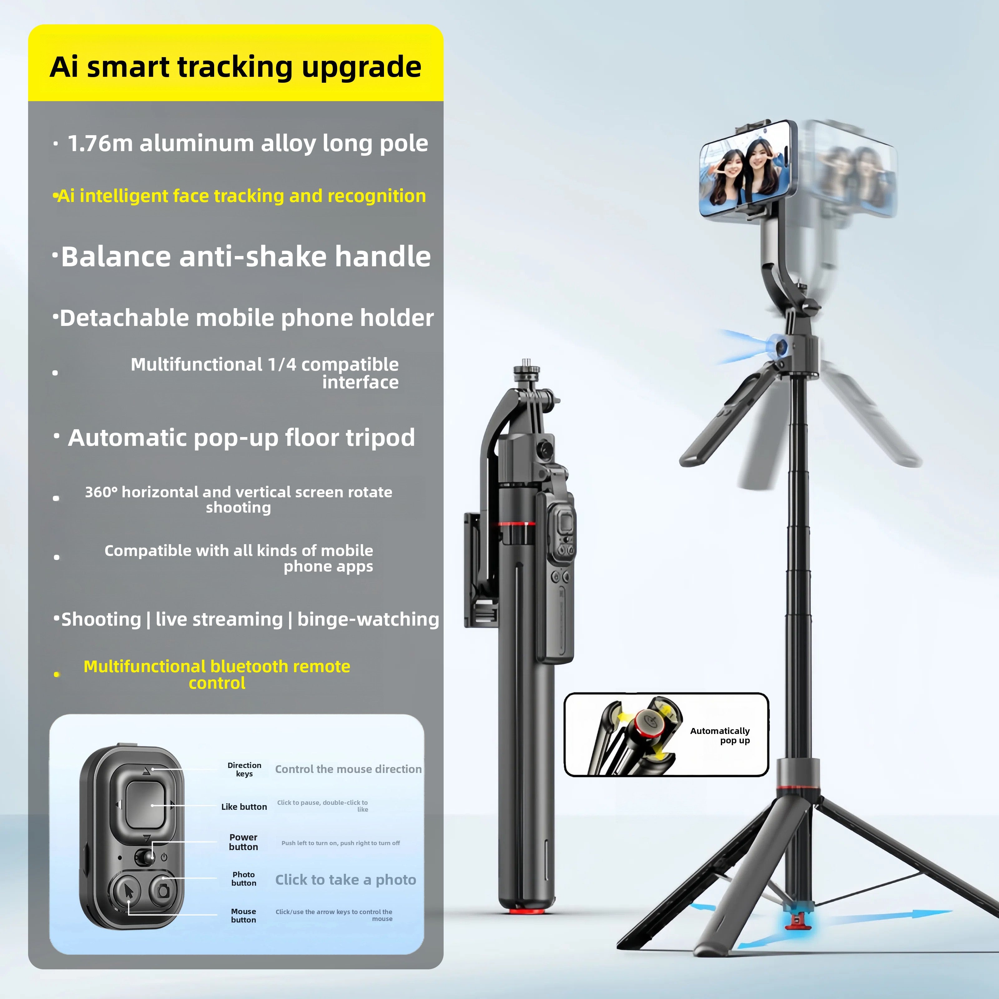 Palo Selfie Gimbal Bluetooth con Trípode Automático y Seguimiento Facial IA – 1.76m