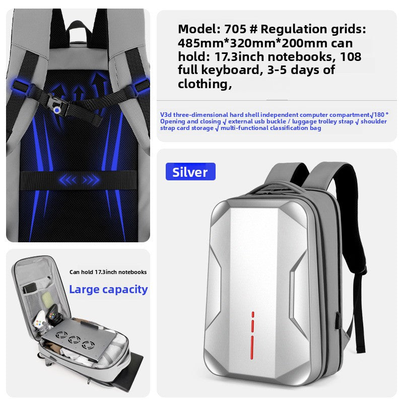 Hard Shell Laptop Backpack | ABS+PC | Waterproof | 20-35L | Fits 17.3" | Black & Silver
