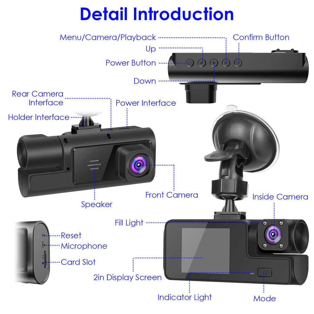 Cámara de Auto 3 Canales ALTSON — FHD 1080P WiFi con Tarjeta 64GB Incluida