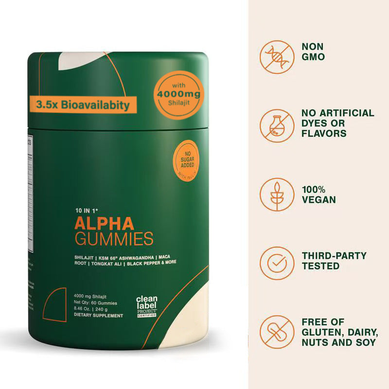 Gomitas Shilajit Alpha 10 en 1 – 4000mg con Tongkat Ali, Maca y Ashwagandha KSM-66
