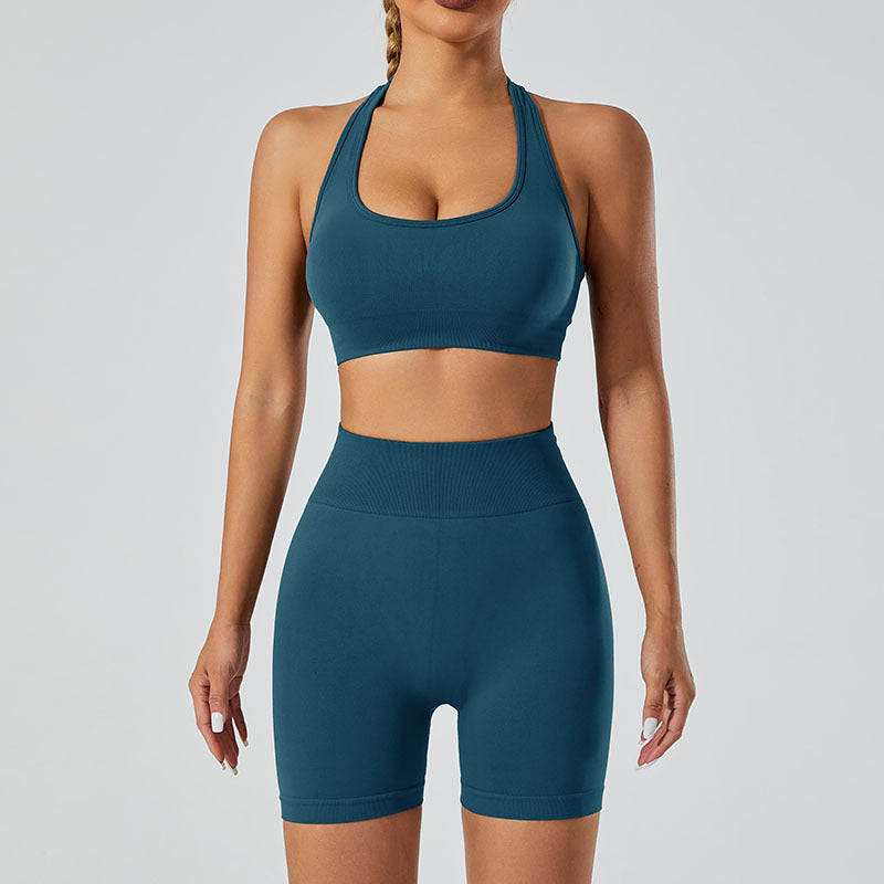 Set Deportivo Yoga Mujer Sin Costuras 90% Nylon 10% Spandex Sports Bra + Shorts V-Neck Halter Moisture-Wicking 12 Colores S-L | Women Seamless Yoga Sports Set