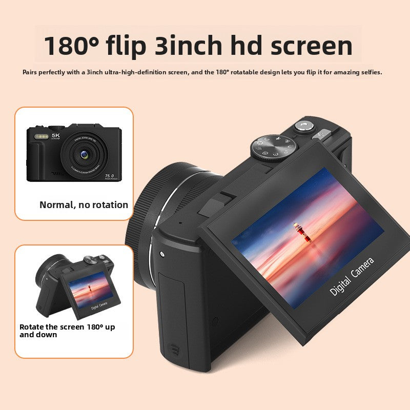 Cámara Digital 5K HD con Pantalla Abatible y WiFi – Filtro Belleza, Estabilización, Vlogging