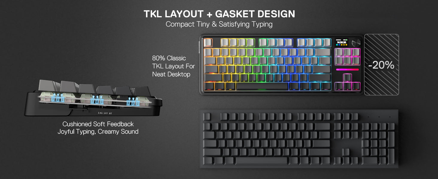 Teclado Mecánico Gaming Redragon K743 PRO | 80% TKL | Gasket RGB | Pantalla TFT | 3 Modos | Redragon K743 PRO 80% TKL Gasket Mechanical Gaming Keyboard RGB TFT Screen 3-Mode