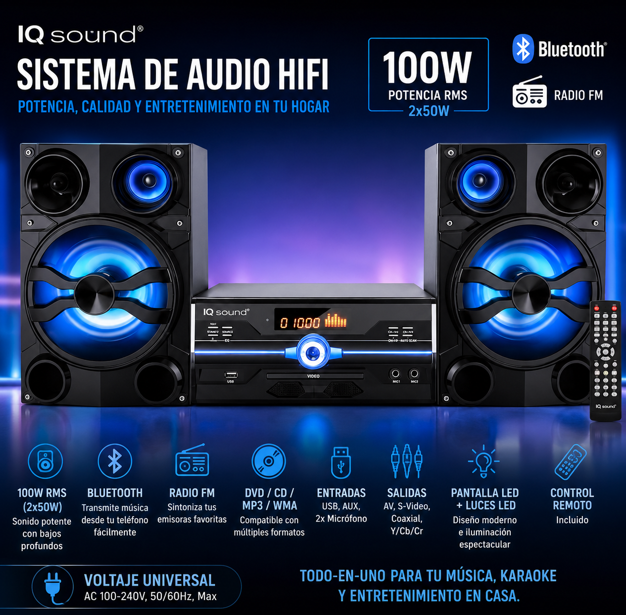 Sistema de Audio HiFi IQ Sound con Bluetooth, USB, AUX y Micrófono