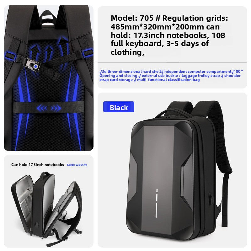Hard Shell Laptop Backpack | ABS+PC | Waterproof | 20-35L | Fits 17.3" | Black & Silver
