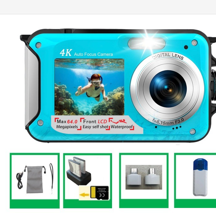 Cámara Digital 4K Dual Screen Resistente al Agua – 64MP, Autofocus, Zoom 16x, Hasta 128GB