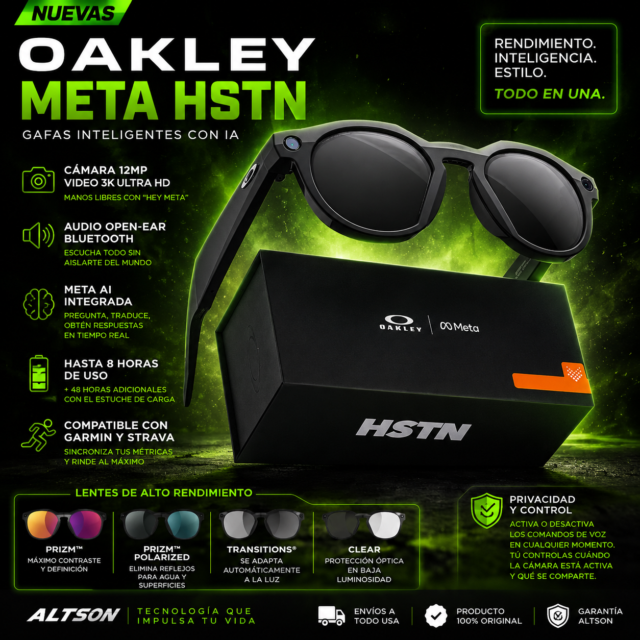 Oakley Meta HSTN | Gafas Inteligentes con IA, Cámara 12MP, Audio y Lentes Prizm